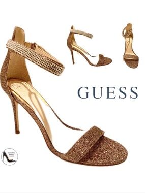 GUESS Kahluy Gold Glitter Ankle Strap Stiletto Heel Sandal Evening Dress Pumps 8